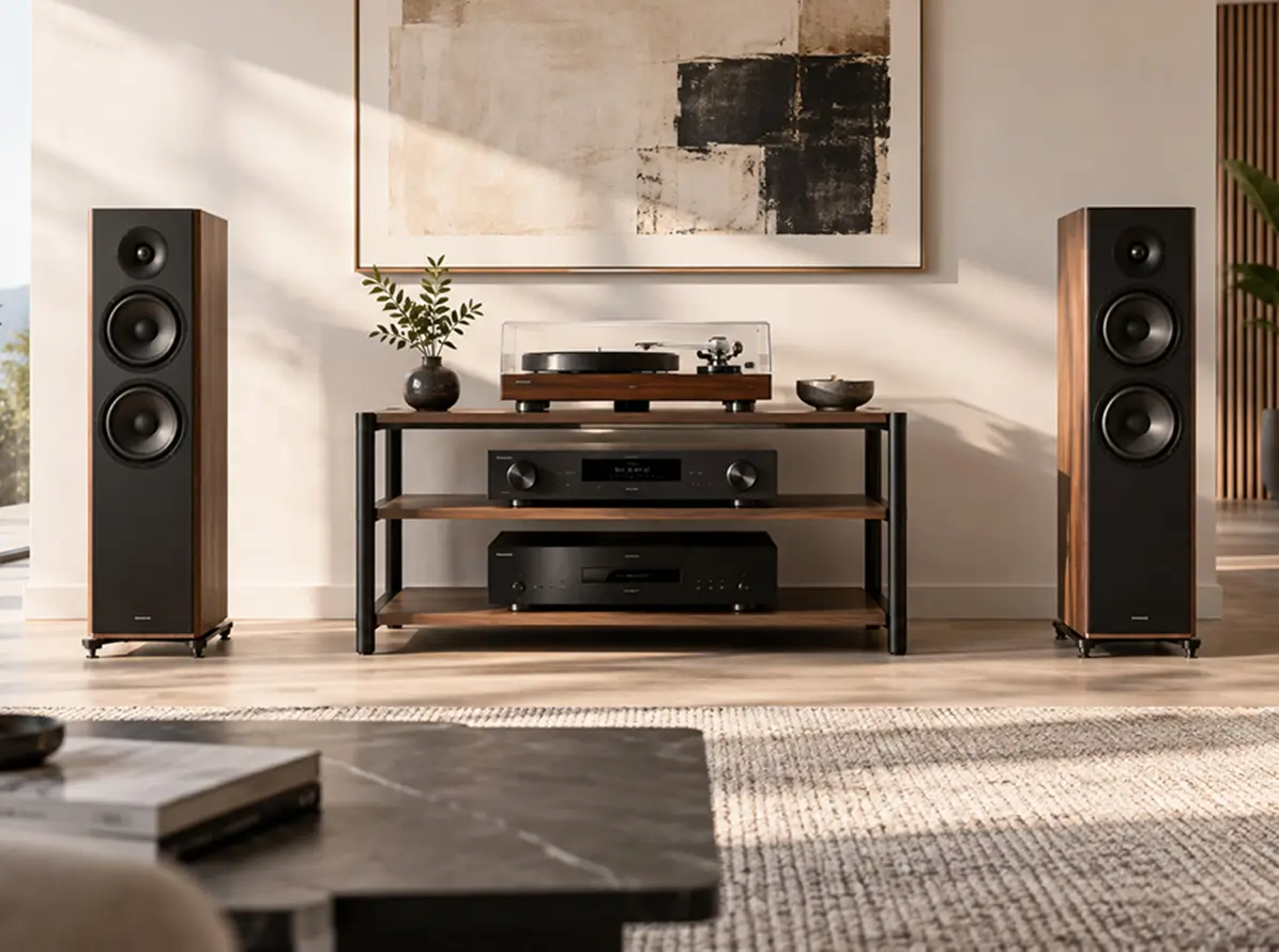 Paar h&ouml;rt Schallplatten im Wohnzimmer