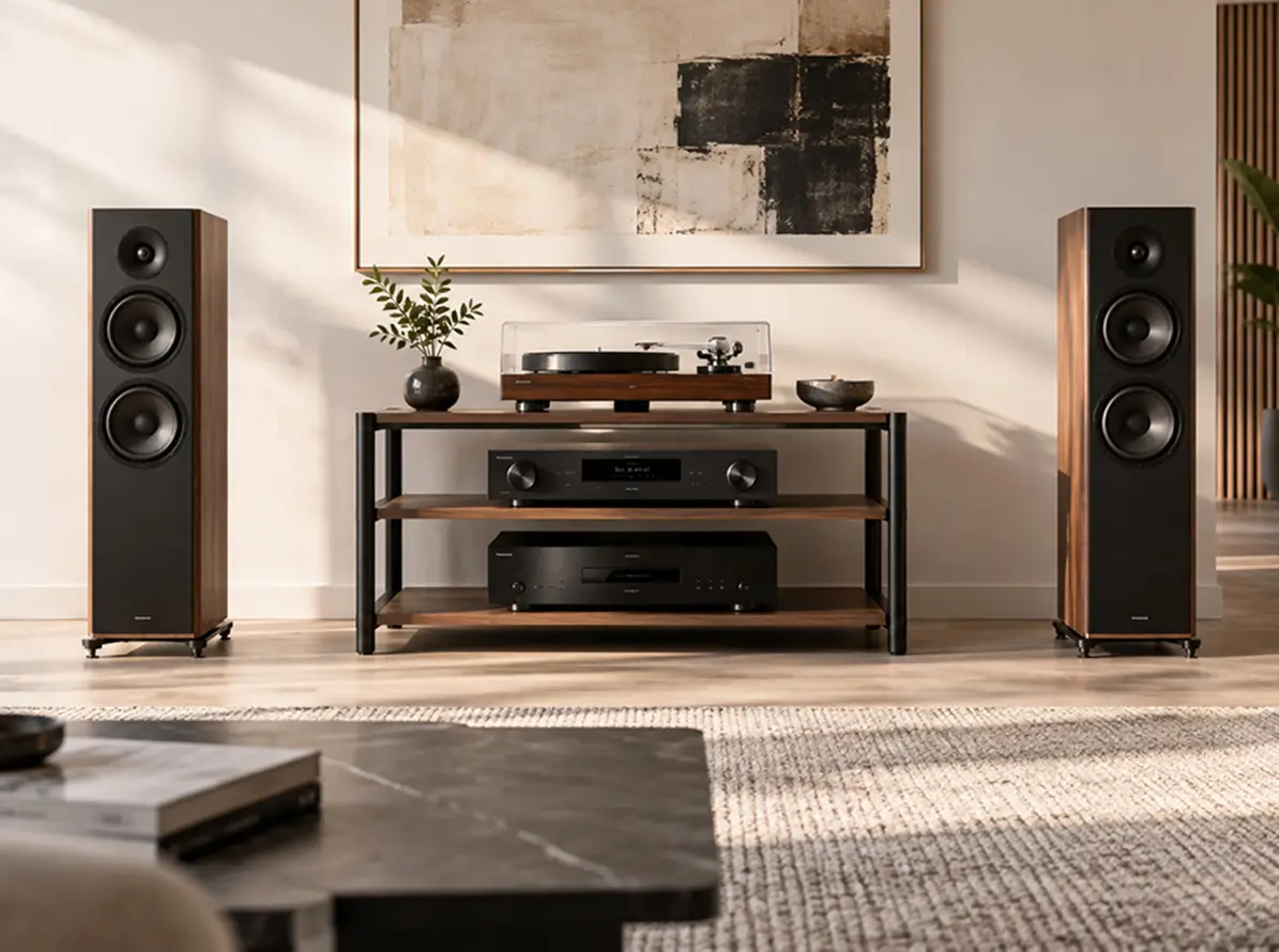Paar h&ouml;rt Schallplatten im Wohnzimmer